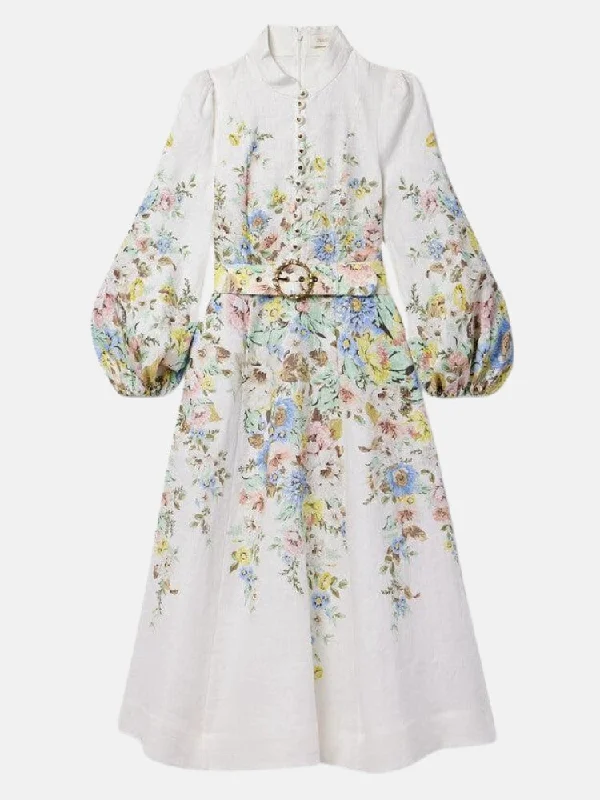 ladies-floral-dress-70s-inspired-Matchmaker Belted Floral Print Linen Midi Dress in Cream