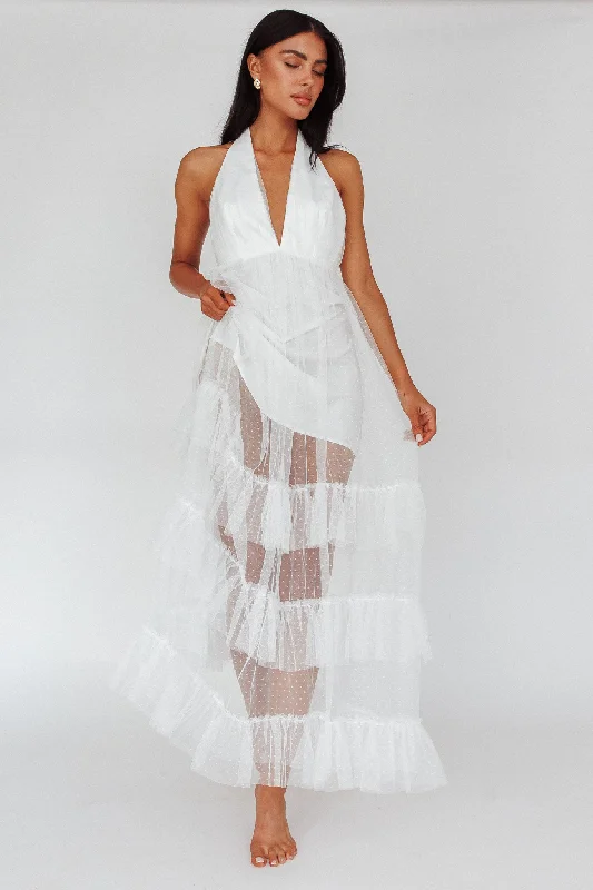 ladies-maxi-dress-lace-detail-Moonlight Sonata Ruffle Mesh Maxi Dress Hail Spot White