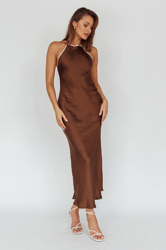 ladies-maxi-dress-luxury-feel-Midsomer Dawn Criss-Cross Back Maxi Dress Chocolate