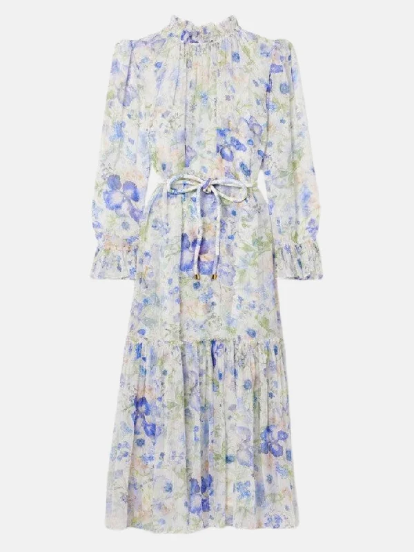 ladies-floral-dress-sophisticated-Natura Belted Ruffled Floral Print Crepon Midi Dress