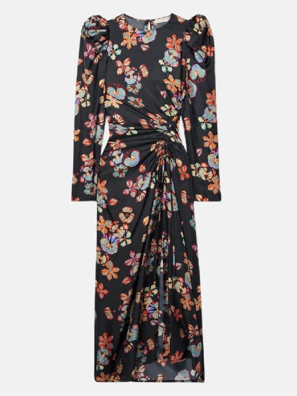 ladies-floral-dress-brunch-outfit-Ulla Johnson Ruched Floral Print Silk Twill Midi Dress in Black