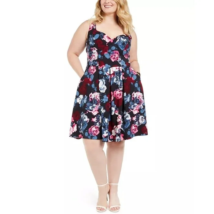 ladies-trumpet-dress-feminine-cut-Trixxi Women's Trendy Floral-Print Fit & Flare Dress Navy Size 24W