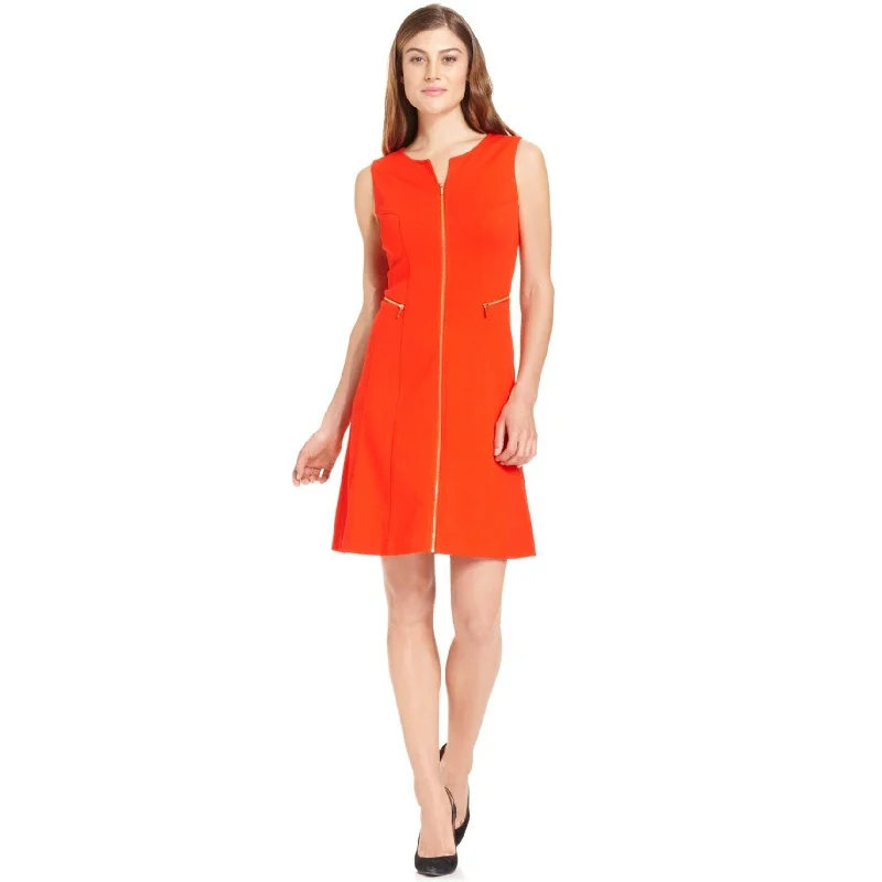 ladies-trumpet-dress-flared-hem-Calvin Klein Womens Full-Zip Fit & Flare Dress, Red, Small