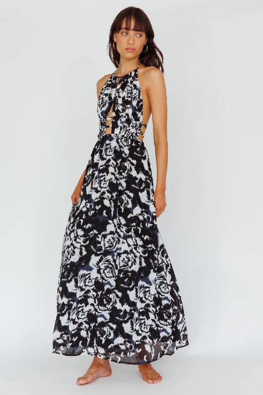 ladies-maxi-dress-velvet-texture-Cyndi Open Back Halterneck Maxi Dress Floral Black