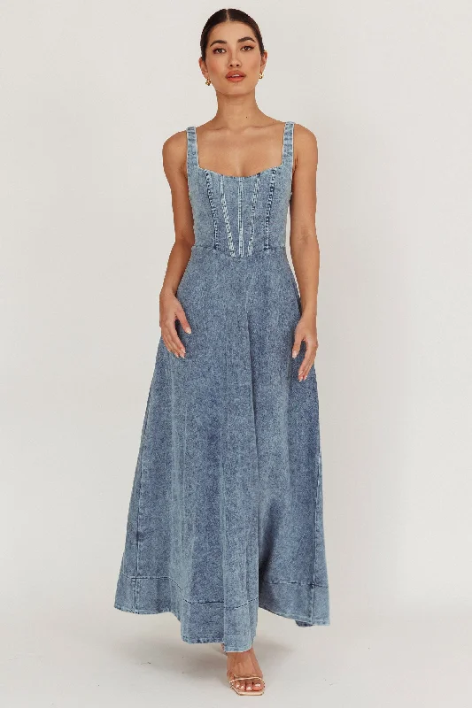 ladies-maxi-dress-bronze-finish-Talissa A-Line Maxi Denim Dress Blue