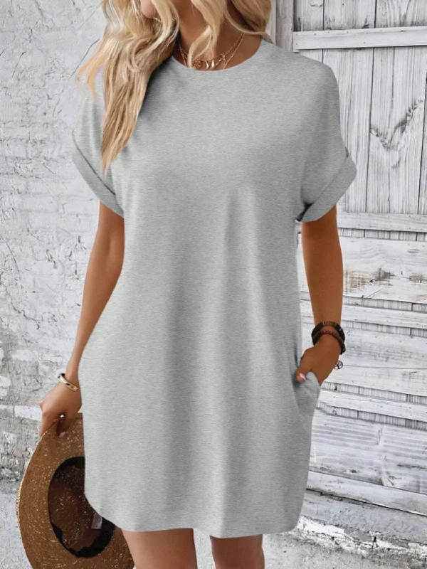 ladies-mini-dress-tunic-length-Round Neck Short Sleeve Mini Dress