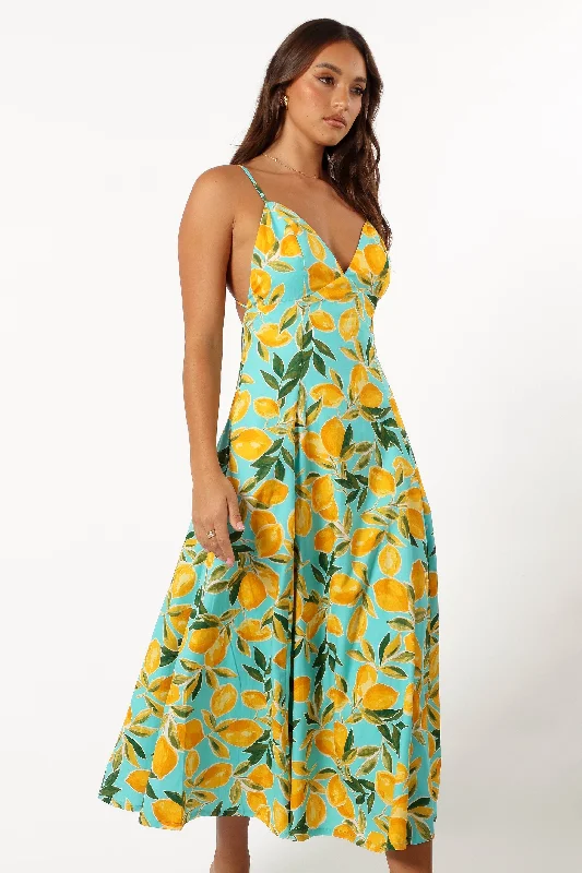 ladies-midi-dress-turquoise-bright-Emery Lemon Print Midi Dress - Sky Lemon