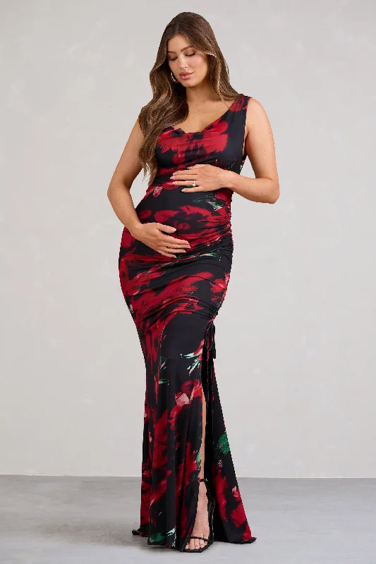 ladies-floral-dress-day-to-night-Phantasy | Red Floral Asymmetric Split Maternity Maxi Dress