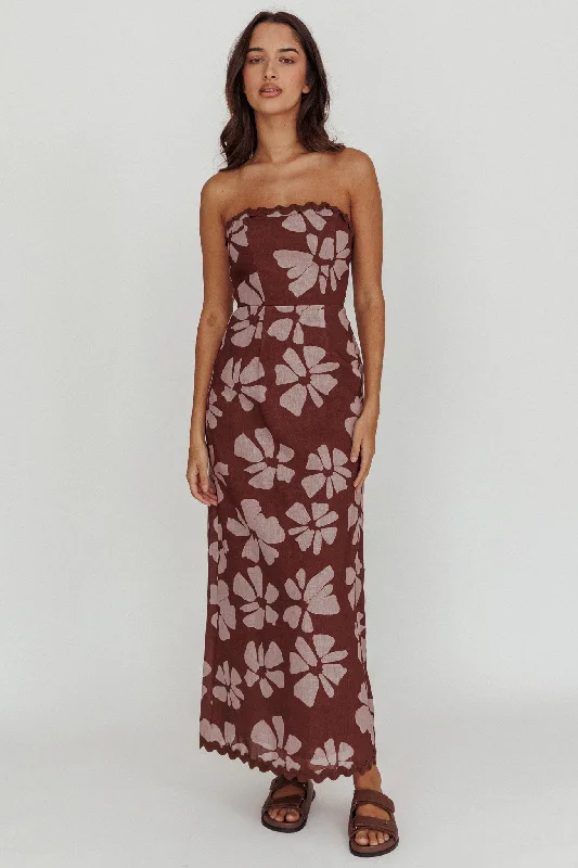 ladies-maxi-dress-70s-inspired-Cypress Floral Strapless Maxi Dress Brown