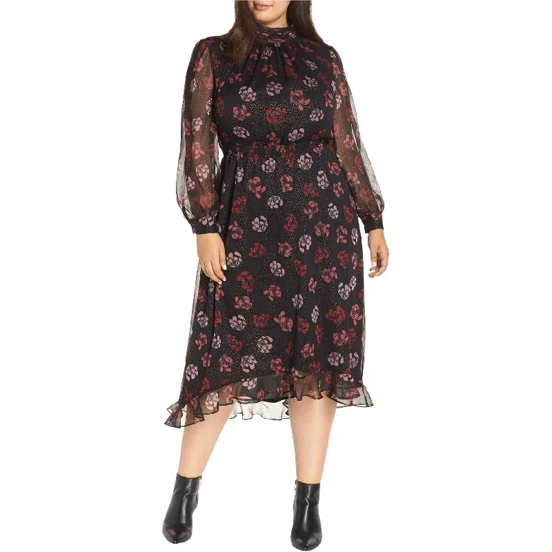 ladies-floral-dress-romantic-vibe-Vince Camuto Womens Floral Glitter Midi Dress, Black, 1X