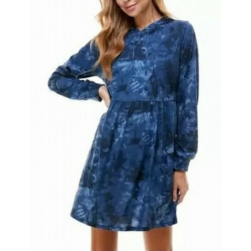 ladies-trumpet-dress-date-night-Be Bop Junior's Tie Dyed Hoodie Fit & Flare Dress Navy Size Medium