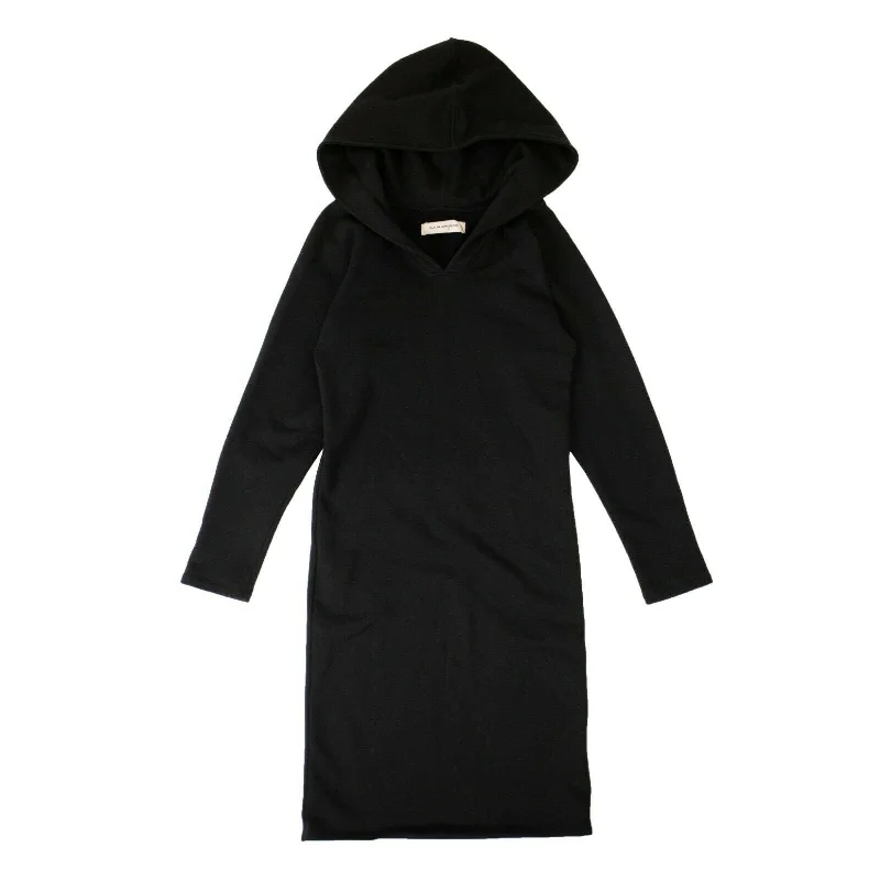 ladies-midi-dress-v-neck-Women's Black Cotton Long Sleeve Hooded Midi Dress