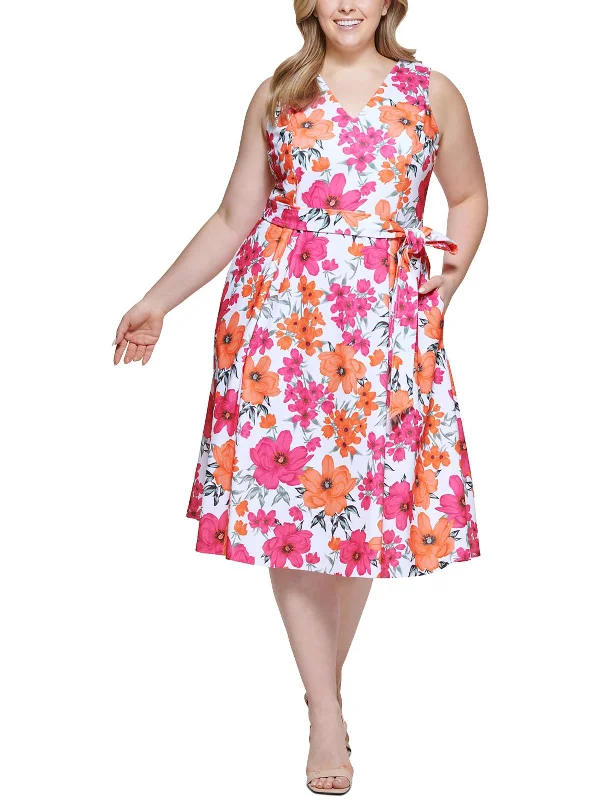 ladies-midi-dress-vacation-wear-Plus Womens Floral Print Calf Midi Dress