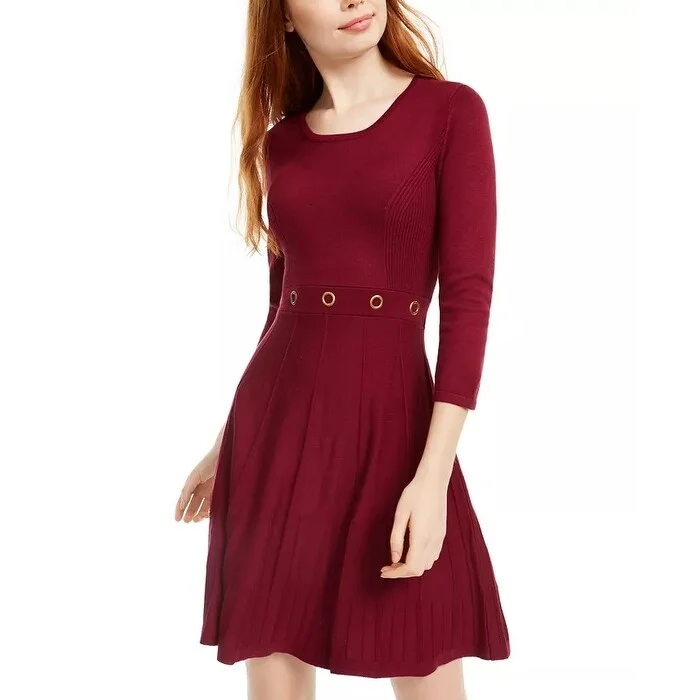 ladies-trumpet-dress-long-sleeve-BCX Juniors' Grommet-Waist Fit & Flare Dress Dark Red Size XX-Large