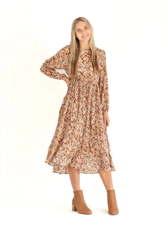 ladies-floral-dress-eggplant-base-Brown Floral Pleated Midi Dress