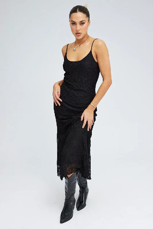 ladies-trumpet-dress-long-sleeve-Black Maxi Dress Sleeveless Scoop Neck Flare Hem Lace