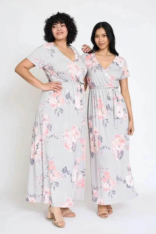 ladies-floral-dress-rose-print-Floral Surplice Bodice Sash Maxi Dress