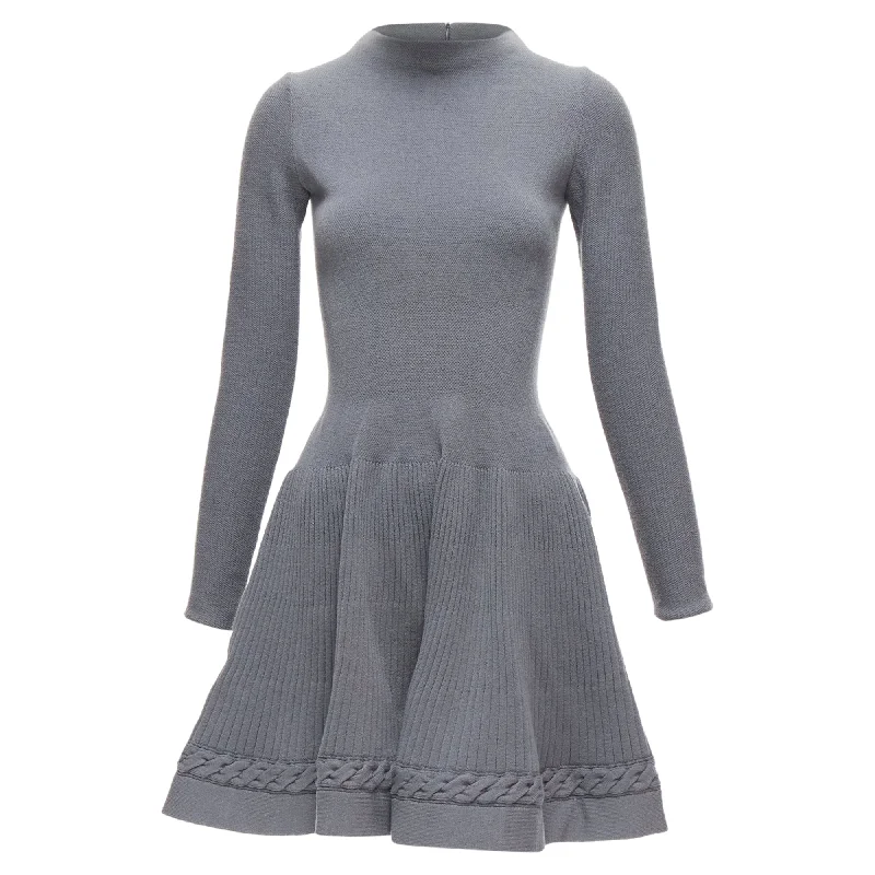 ladies-trumpet-dress-romantic-vibe-Alaia  virgin wool blend crew cable fit flare knitted dress