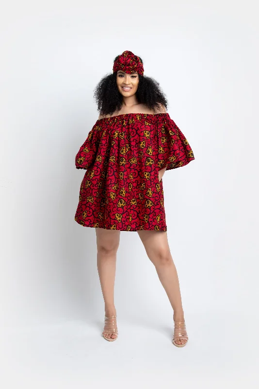 ladies-mini-dress-padded-shoulder-TEJU African print Off shoulder mini dress