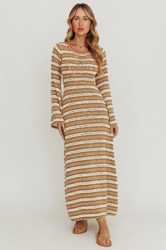 ladies-maxi-dress-tassel-edge-Meredith Long Sleeve Cut-Out Maxi Dress Chocolate