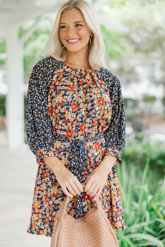 ladies-floral-dress-party-wear-Go For It Navy Blue Ditsy Floral Dress