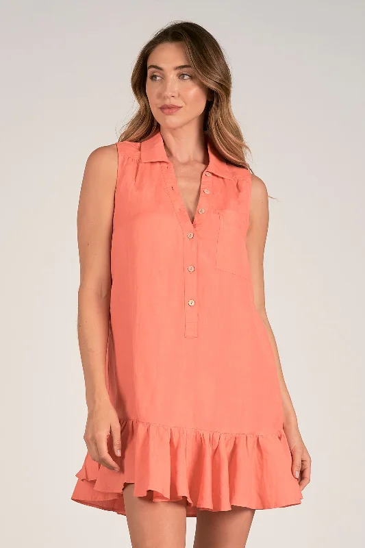 ladies-mini-dress-shimmer-finish-Sleeveless V-Neck Mini Dress with Collar - Coral