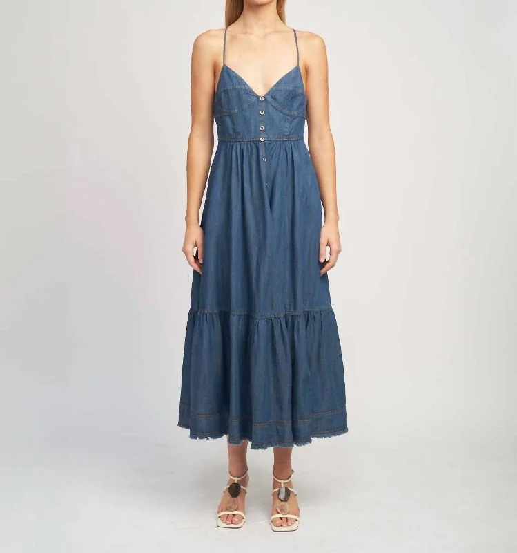 ladies-midi-dress-fitted-bodice-Denim Midi Dress In Blue