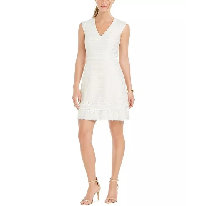 ladies-trumpet-dress-comfortable-wear-Vince Camuto Women's Lace Overlay Sleeveless Fit & Flare Dress White Size 14