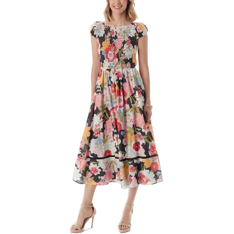 ladies-trumpet-dress-tropical-print-Womens Midi Smocked Fit & Flare Dress