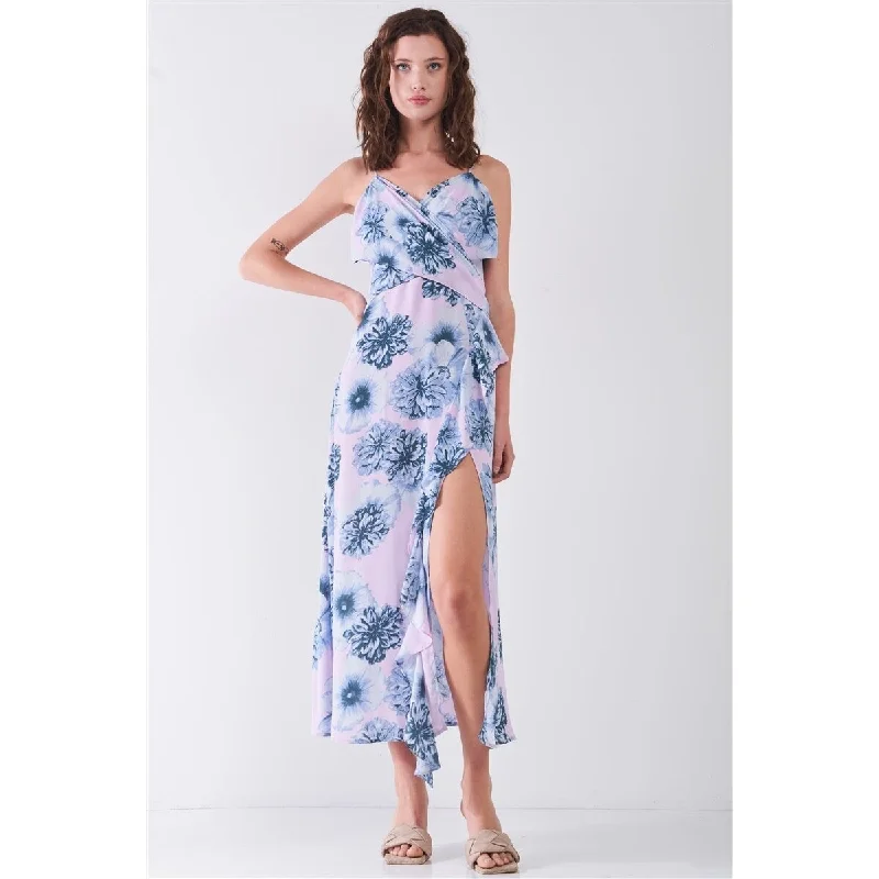 ladies-floral-dress-insta-worthy-Floral Print Sleeveless SelfTie Wide Wrap Front Ruffle Hem Side Slit Detail Midi Dress