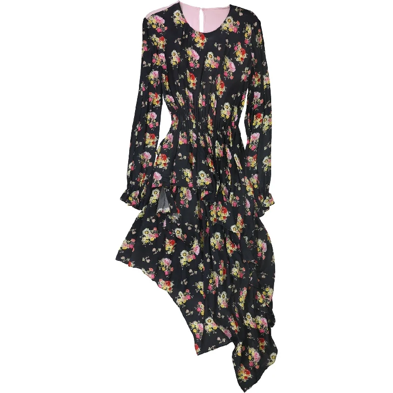 ladies-floral-dress-padded-shoulder-Preen Womens Floral Maxi Asymmetrical Dress, Black, Medium