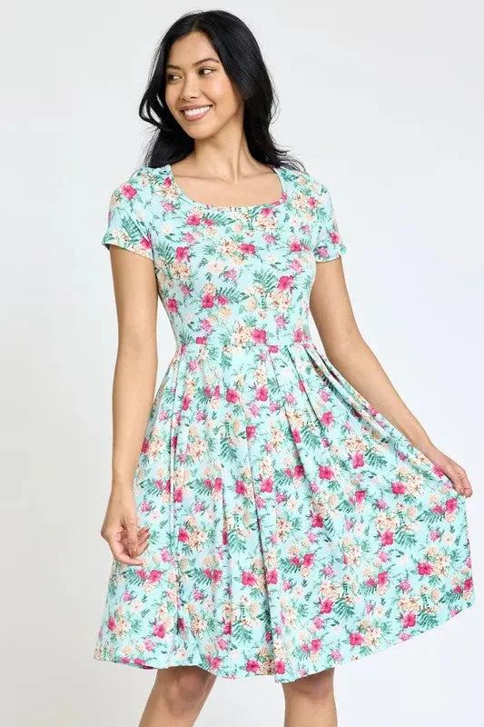 ladies-floral-dress-sunflower-design-Floral Short Sleeve Pleated Midi Dress