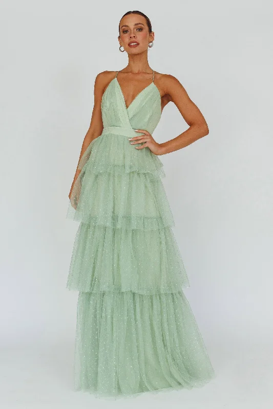 ladies-maxi-dress-cowl-neck-Seylah Tiered Frill Maxi Dress Glitter Sage