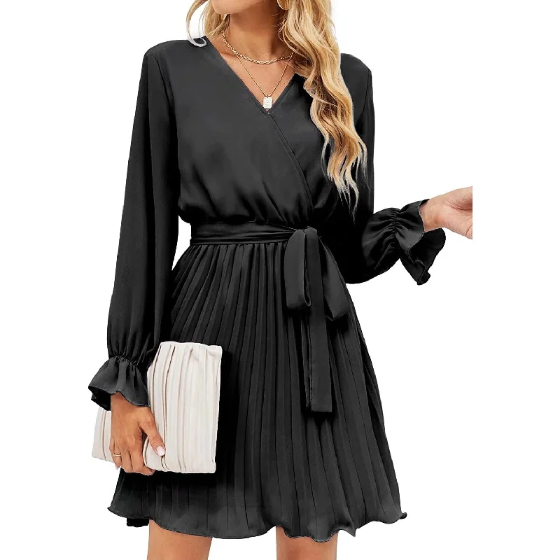 ladies-mini-dress-plus-size-Womens Wrap V Neck Pleated Long Sleeve Mini Dresses