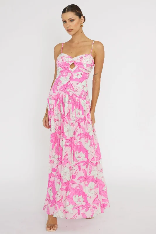 ladies-maxi-dress-tiered-skirt-Amanie Ruched Waist Maxi Dress Pink