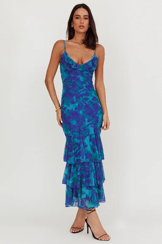 ladies-maxi-dress-festival-look-Oskar Tiered Ruffle Hem Mermaid Maxi Dress Abstract Blue