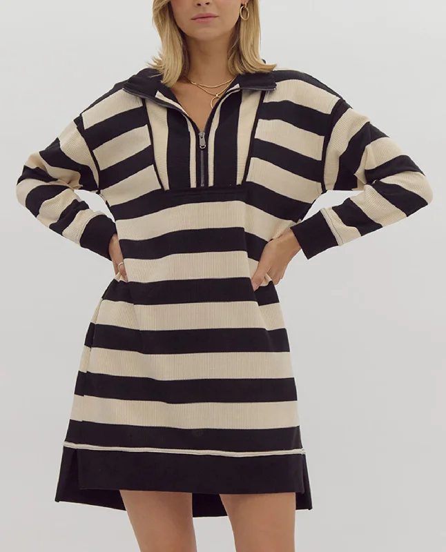 ladies-mini-dress-luxury-feel-Long Sleeve Quarter Zip Striped Mini Dress