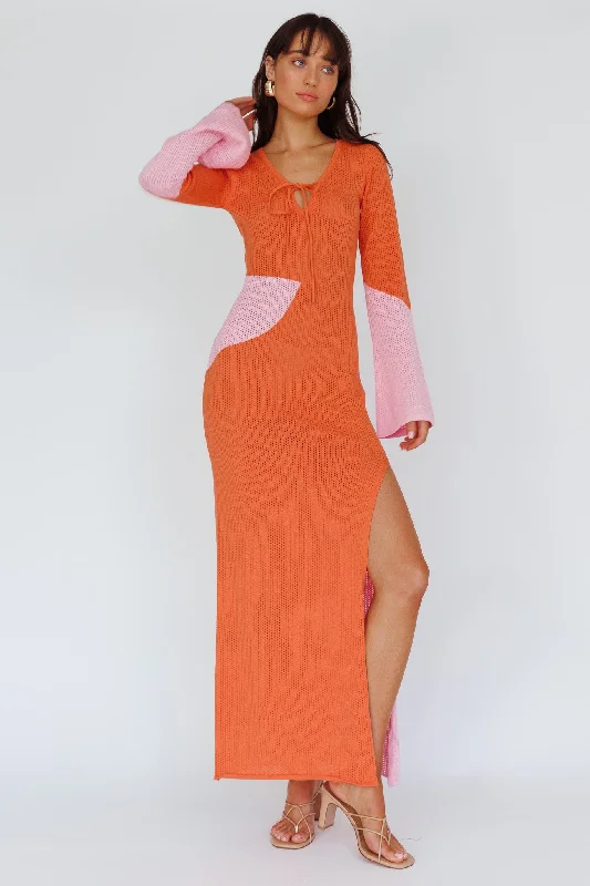 ladies-maxi-dress-white-casual-Karsen Long Sleeve Crochet Maxi Dress Orange