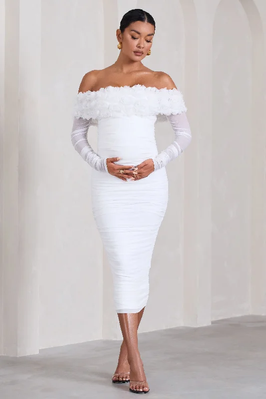 ladies-floral-dress-sporty-vibe-Orchid | White Ruched Mesh Floral Bardot Maternity Midi Dress