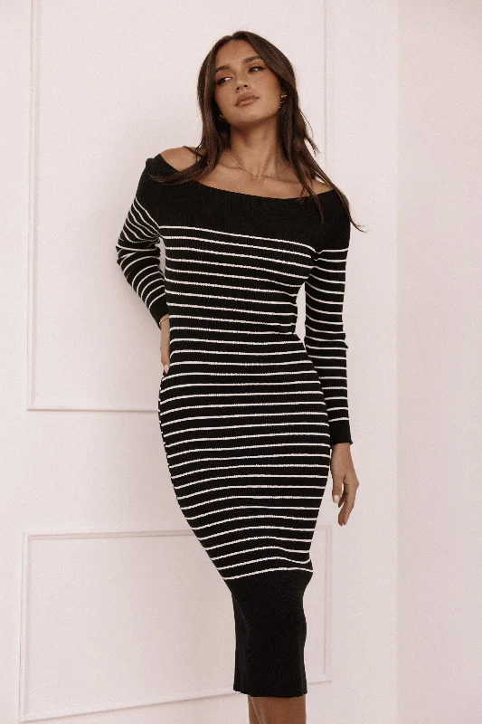 ladies-midi-dress-puff-sleeve-Baxtor Off The Shoulder Midi Dress - White/Black