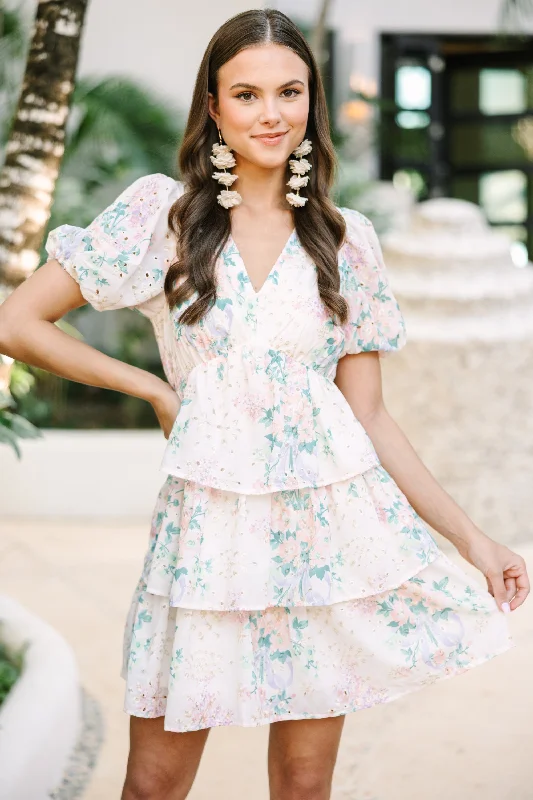 ladies-floral-dress-white-base-This Is The Time Peach Pink Floral Dress