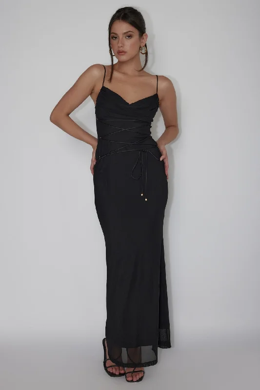 ladies-maxi-dress-flowy-design-Teava Laced Waist Maxi Dress Black