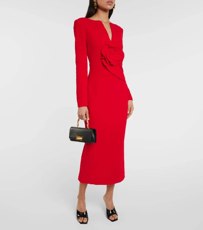 ladies-midi-dress-ash-gray-Floral Appliqué Wool Crepe Midi Dress In Red