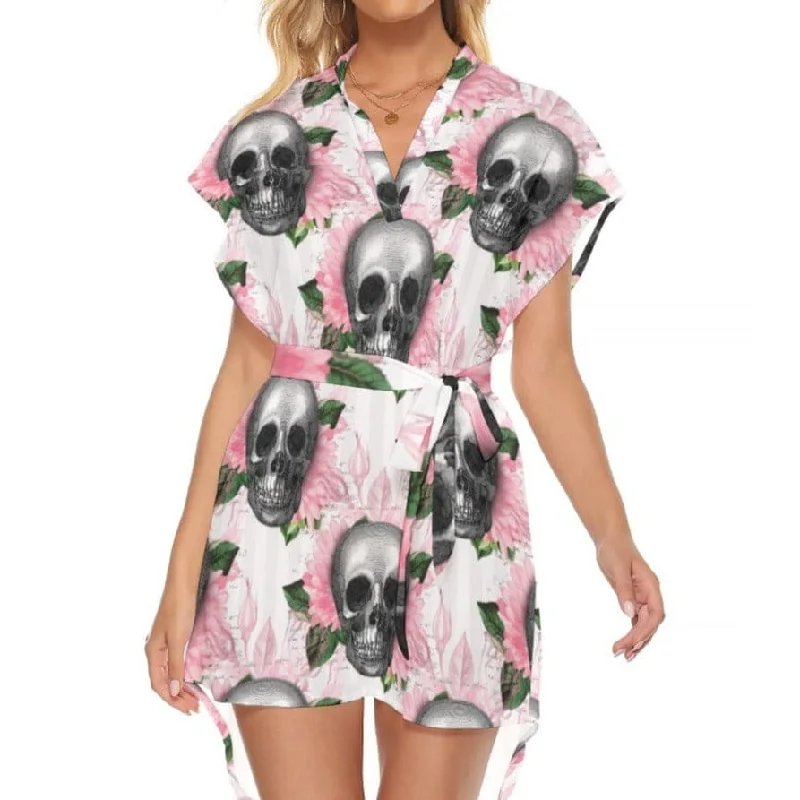 ladies-floral-dress-playful-design-Women's Pink Floral Skull Standing Collar Dress With Belt