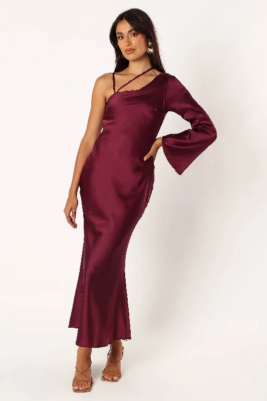 ladies-midi-dress-youthful-vibe-Moly One Shoulder Midi Dress - Wine