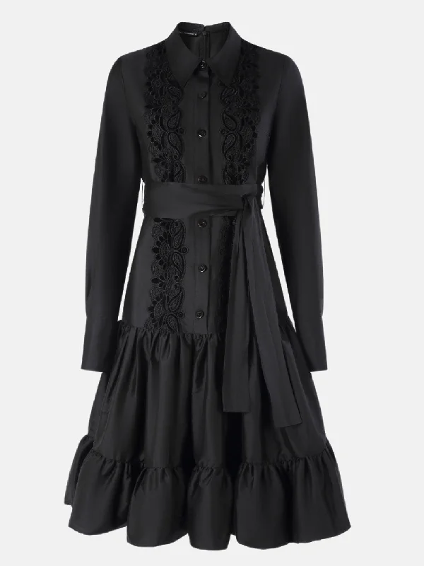 ladies-floral-dress-relaxed-look-Taffeta with Floral Velvet Ribbon Dress in Black