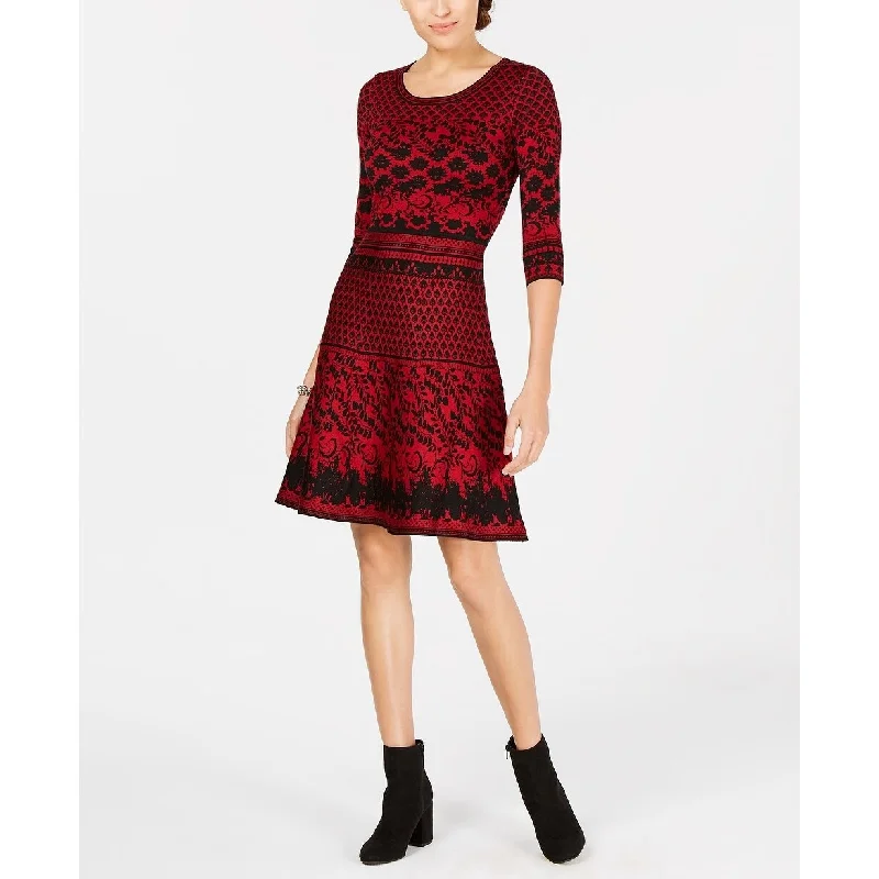 ladies-trumpet-dress-floral-print-Taylor Women's Jacquard Fit & Flare Sweater Dress Red Size Small