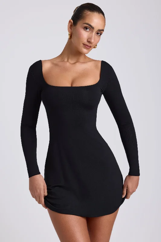 ladies-mini-dress-comfortable-fit-Modal Square Neck Long Sleeve Mini Dress in Black