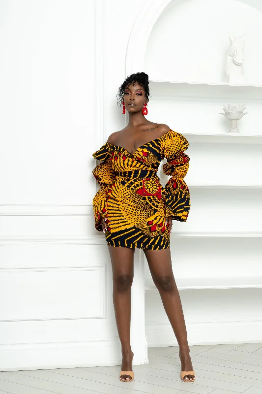 ladies-mini-dress-casual-day-TAYO African Print Off-shoulder Puffy Sleeve Mini Dress