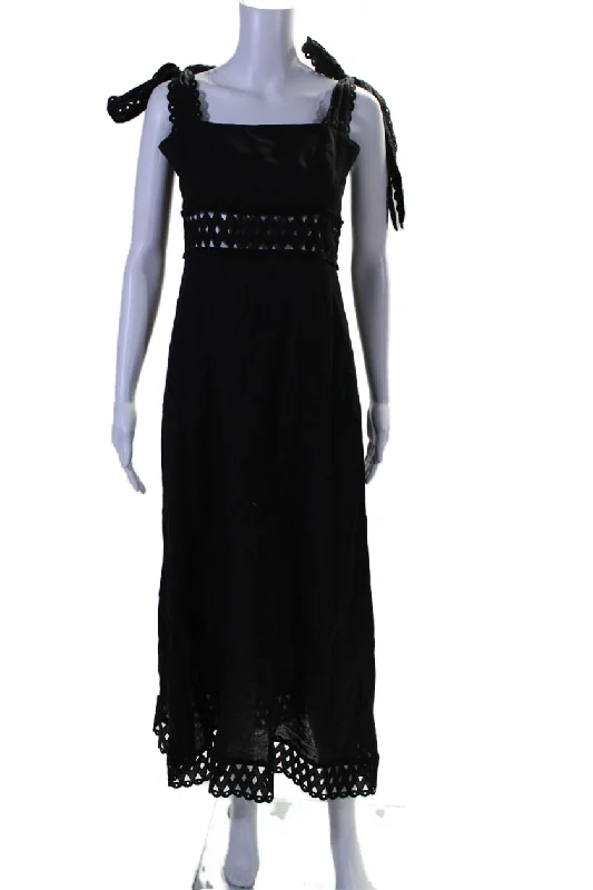 ladies-trumpet-dress-chic-style-Zimmermann Women's Square Neck Sleeveless Eyelet Flare Midi Dress Black